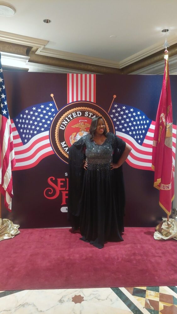 Myself in a floorlength dress at the USA Marine ball in Muscat.